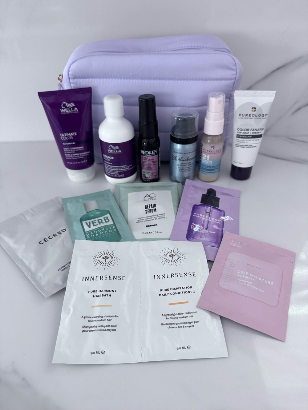 14 piece hair care set with lilac makeup bag